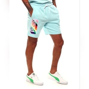 PUMA MEN'S PRIDE REGULAR FIT TUFTED CHENILLE LOGO FRENCH TERRY SHORTS BL…